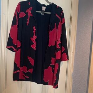 Chico's black and salmon-colored open front duster-like jacket